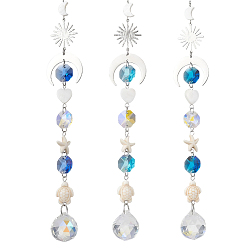 (52) Непрозрачная лаванда 3 шт. стеклянные круглые и восьмиугольные бусины для подвесных ловцов солнца, с бусинами из нержавеющей стали в виде луны, солнца и синтетической бирюзы в виде морской звезды и черепахи, для наружного и садового декора, разноцветные, 310~320 мм