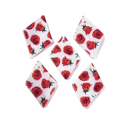 (123L) Белый крем непрозрачный блеск Природные подвески оболочки пресноводных, подвески в виде ромбов с цветочным принтом розы, огнеупорный кирпич, 21x14x2 мм, отверстие : 1.2 мм