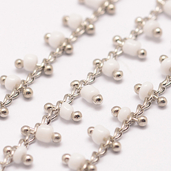 Floral White Handmade Seed Beaded Chains, Soldered, with Spool, with Brass Findings, Floral White, 6x2~3mm, about 32.8 Feet(10m)/roll