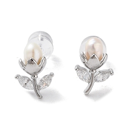 Platinum Natural Pearl and Cubic Zirconia Stud Earrings for Women, with Sterling Silver Pins, Flower, Platinum, 11x7.5mm