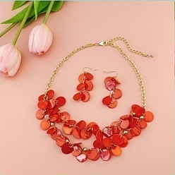 Оранжево-Красный Комплекты из плоских круглых подвесных серег и двухслойных ожерелий, со сплавочной фурнитурой, оранжево-красный, 450 мм