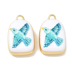 Medium Turquoise Printed Brass Pendants, Arch & Bird Pattern Charms, Rack Plating, Long-Lasting Plated, Lead Free & Cadmium Free, Real 18K Gold Plated, Medium Turquoise, 21x13.5x5.5mm, Hole: 3x2mm