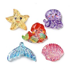 (52) Непрозрачная лаванда Прозрачные смолы кабошоны, морское животное, с блестка, разноцветные, 22~27.5x24~35x6~8.5 мм