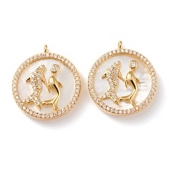 Рыбы Настоящие 18 k позолоченные латунные подвески с микропаве и прозрачным кубическим цирконием, с оболочкой, долговечный, плоские круглые с созвездием, Рыбы, 21x18x3 мм, отверстие : 1.8 мм