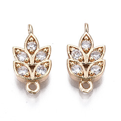 Light Gold Brass Micro Pave Clear Cubic Zirconia Links Connectors, Long-Lasting Plated, Cadmium Free & Lead Free, Leaf, Light Gold, 14.5x7x2.5mm, Hole: 1.2mm