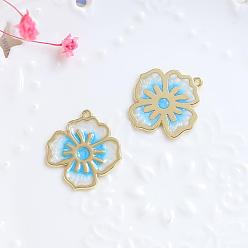 Deep Sky Blue Alloy Enamel Pendants, Golden, Flower Charm, Deep Sky Blue, 24x22mm