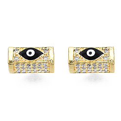 Black Brass Micro Pave Cubic Zirconia Beads, with Enamel, Real 18K Gold Plated, Rectangle with Evil Eye, Nickel Free, Black, 14x8x7mm, Hole: 3.5mm