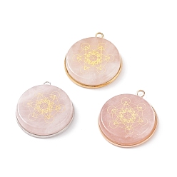 Mixed Color 3Pcs 3 Styles Natural Rose Quartz Pendants, with 304 Stainless Steel Findings, Flat Round with Magic Circle Pattern, Mixed Color, 30x26.5x6mm, Hole: 2mm, 1pc/style