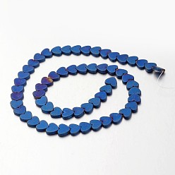 Blue Plated Electroplate Non-magnetic Synthetic Hematite Beads Strands, Frosted, Heart, Blue Plated, 7x8x2mm, Hole: 1mm, about 61pcs/strand, 15.7 inch