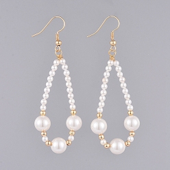 White Shell Pearl Dangle Earrings, with Golden Plated Brass Earring Hooks, Brass Beads and Cardboard Packing Box, White, 67mm, Pin: 0.8mm