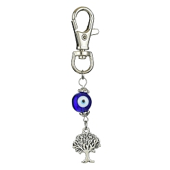 Medium Blue Alloy Tree of Life Pendant Decorations, Handmade Evil Eye Lampwork Beads and Lobster Claw Clasps Charms, Medium Blue, 91mm