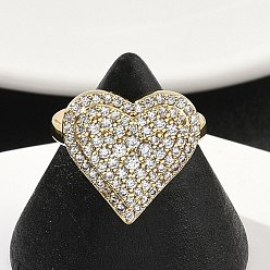 Прозрачный Кольца-манжеты в форме сердца из латуни с микропаве из кубического циркония для женщин, без кадмия и без свинца, стойки покрытие, реальный 18 k позолоченный, прозрачные, 15.4~16.8 мм