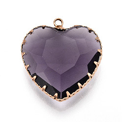 Средний Фиолетовый Прозрачные стеклянные подвески, сердце, с латунной кромкой, граненые, средне фиолетовый, 30~32x28~28.5x8.5~9.5 мм, отверстие : 2.2~2.4 мм