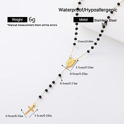 Black Vintage Resin Rosary Bead Necklaces, 304 Stainless Steel Religion Cross Virgin Pendant Necklaces for Women, Golden, Black, 20.87 inch(53cm)
