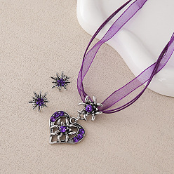 Фиолетовый Комплекты из ожерелий и серег-гвоздиков из сплава со стразами, Сердце звездочкой, античное серебро, фиолетовые, 420 мм