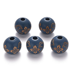 Steel Blue Painted Natural Wood Beads, Laser Engraved Pattern, Round with Flower Pattern, Steel Blue, 16x15mm, Hole: 4mm