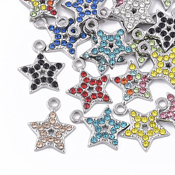 Mixed Color 304 Stainless Steel Pendants, with Rhinestone, Star, Mixed Color, 15.5x13x2mm, Hole: 2mm