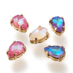 (52) Непрозрачная лаванда Шить на горный хрусталь, флуоресцентный стиль мокко, стекло горный хрусталь, с позолоченными латунными зубцами, граненые, слеза, разноцветные, 6x4.5x3 мм, отверстие : 0.8~1.2 мм
