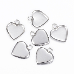 Stainless Steel Color 201 Stainless Steel Pendant Cabochon Settings, Plain Edge Bezel Cups, Heart, Stainless Steel Color, Tray: 13x11mm, 16x14x1.5mm, Hole: 2.5mm