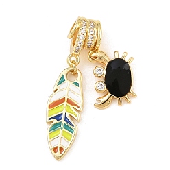Colorful Brass Micro Pave Clear Cubic Zirconia Pendants, with Enamel, Feather with Crab Charms, Rack Plating, Long-Lasting Plated, Lead Free & Cadmium Free, Real 18K Gold Plated, Colorful, 36mm, Hole: 3mm