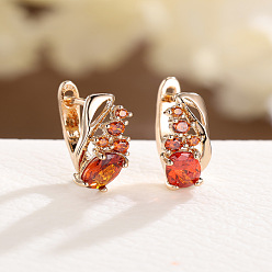 Оранжево-Красный Серьги-кольца из латуни со стразами в форме капли, розовое золото , оранжево-красный, 17x6 мм