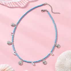 Светло-Голубой Бохо 304 подвеска в форме ракушки из нержавеющей стали, ожерелье из стеклянного бисера, старинное серебро и цвет нержавеющей стали, Небесно-голубой, 17.52~18.31 дюйм (44.5~46.5 см)