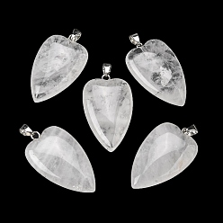 Хрусталь Природного кварца хрустальных подвесок, подвески в форме сердца из горного хрусталя с 304 застежками-кнопками из нержавеющей стали, цвет нержавеющей стали, 41~43x25~26x8.5~10 мм, отверстие : 4.5x7.5 мм