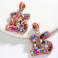 Разноцветный Серьги-гвоздики из смоляных бусин, с кристально горный хрусталь, число 16, платина, красочный, 65x40 мм