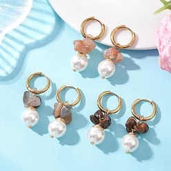 Золотой 3 пары круглых 202 сережек-колец из нержавеющей стали, с раковинами, натуральным многоцветным турмалином и натуральным розовым кварцем., золотые, золотые, 40x12~16 мм