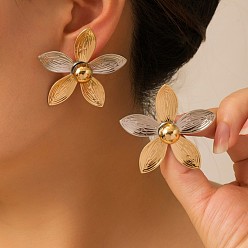 Golden & Stainless Steel Color Alloy Stud Earrings for Women, Flower, Golden & Stainless Steel Color, 43x44mm