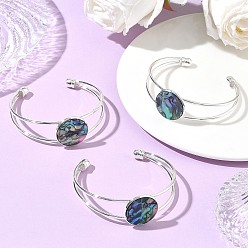 Platinum Natural Abalone Shell Paua Shell Flat Round Brass Open Cuff Bangles, Platinum, Inner Diameter: 2.28x1.97 inch(5.8x5cm)