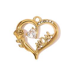 Прозрачный День матери 304 подвески из нержавеющей стали с микропаве из кубических цирконий, сердце со словами мама прелести, ионное покрытие (ip), реальный 18 k позолоченный, прозрачные, 24x24 мм