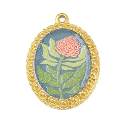Темный Морско-зеленый Печатные 304 подвески из нержавеющей стали, овал с розовым узором, вакуумное покрытие pvd, реальный 18 k позолоченный, темно-зеленый, 30x22x2.5 мм, отверстие : 1.6 мм