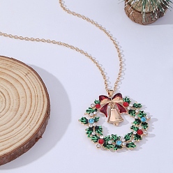 Золотой Рождественский венок и рождественский колокольчик сплав разноцветные ожерелья с подвесками из горного хрусталя, темно-красный и зеленый, золотые, 17.72 дюйм (45 см)