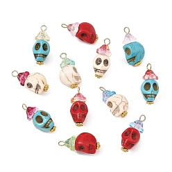 Mixed Color Dyed Synthetic Turquoise Pendants, Halloween Skull Charms with Flower Glass Hat, Golden, Mixed Color, 23.5x10x12mm, Hole: 2.5mm