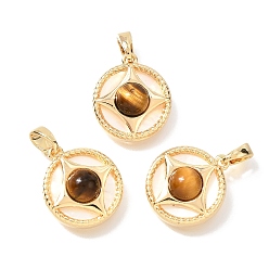Настоящее золото 18K Подвески из натурального тигрового глаза и натуральной раковины, плоские круглые подвески в латунной оправе, реальный 18 k позолоченный, 17x15x5~6 мм, отверстие : 4x2 мм