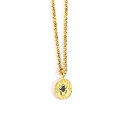 Spider Золотое ожерелье с подвеской из нержавеющей стали, плоский круг с тотемом, паук, 17.72 дюйм (45 см)