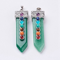 Зеленый Авантюрин Натуральный зеленый авантюрин с синтетической и натуральной смешанной каменной чакрой, меч, платина, 57~60x16.5x12 мм, отверстие : 5 мм