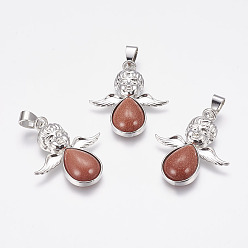 Goldstone Synthetic Goldstone Pendants, Angel, with Brass Finding, Platinum, 35x29.5x6mm, Hole: 4x7mm