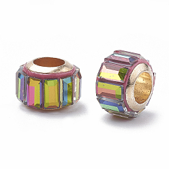 Разноцветный Стеклянные шампала бусины, бусины с большим отверстием, с латунным стержнем, граненые, рондель, золотой свет, красочный, 9~10.5x7 мм, отверстие : 5 мм