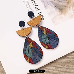 Teardrop Серьги-гвоздики из дерева и сплава, платина, слеза, 80x32 мм