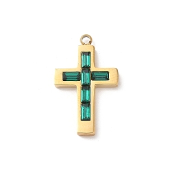 Изумруд 304 из нержавеющей стали горный хрусталь подвески, крест прелести, реальный 14 k позолоченный, изумруд, 25x15x3.5 мм, отверстие : 1.8 мм