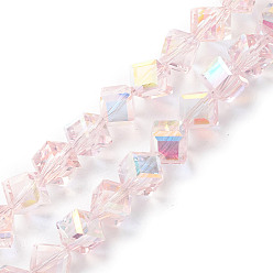 Pink Plaquent verre transparent perles brins, de couleur plaquée ab , facette, cube, rose, 9x9.5x9.5mm, Trou: 1.4mm, Environ 68~70 pcs/chapelet, 22.04~23.22 pouce (56~59 cm)