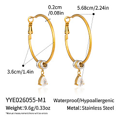Golden Two Tone 304 Stainless Steel Pave Cubic Zirconia Hoop Dangle Earrings for Women, Teardrop, Golden, 56.8x36mm