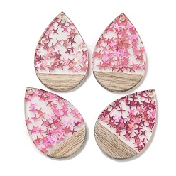 Светло-Вишневый Деревянные подвески, смола и золотая фольга, слеза, светло-вишневый, 37x25x4 мм, отверстие : 2 мм