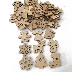 Цвет Древесины Незавершенные подвесные украшения из дерева, для новогодних украшений, снежинка/дерево/карамельная трость, деревесиные, 30 мм, 50 шт / пакет