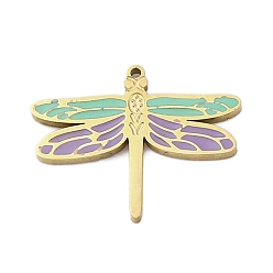 Весенне-зеленый 304 из нержавеющей стали шармы эмали, очарование стрекозы, реальный 14 k позолоченный, весенний зеленый, 12x15x1 мм, отверстие : 0.7 мм