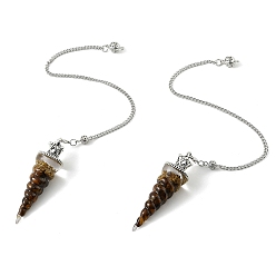Tiger Eye Resin Dowsing Pendulum Pendants with Natural Tiger Eye Chips inside and Iron Chain & Alloy Caps, Cone Charms, 280mm, Hole: 2mm