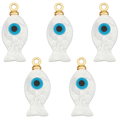 Golden 5Pcs Natural White Shell Pendants, Fish Charms with Metal Bails, Golden, 18.5x8x3mm, Hole: 1.5mm