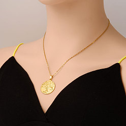 Настоящее золото 18K 304 Женские колье из нержавеющей стали с плоским круглым кулоном в виде дерева жизни, реальный 18 k позолоченный, 17.72 дюйм (45 см)